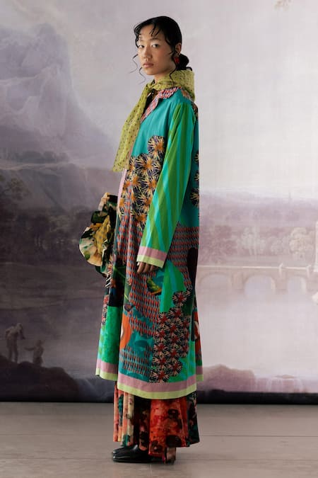 Yavi_Green Canvas Print Abstract Lapel Collar Kyle Jacket  _Online_at_Aza_Fashions
