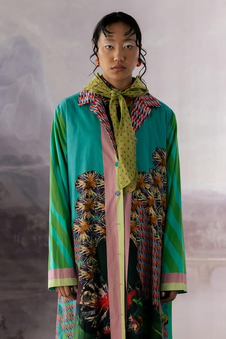 Buy_Yavi_Green Canvas Print Abstract Lapel Collar Kyle Jacket  _Online_at_Aza_Fashions