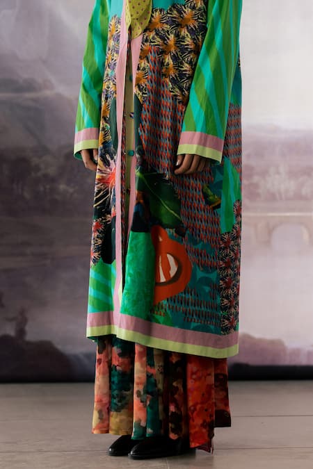Shop_Yavi_Green Canvas Print Abstract Lapel Collar Kyle Jacket  _Online_at_Aza_Fashions