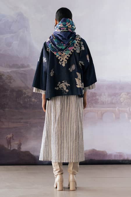 Shop_Yavi_Blue Denim Patch Work Floral Shawl Collar Luna Jacket  _at_Aza_Fashions