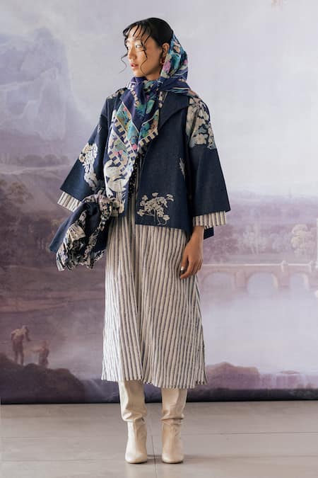 Yavi_Blue Denim Patch Work Floral Shawl Collar Luna Jacket  _Online_at_Aza_Fashions