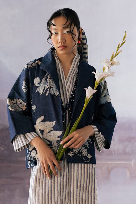 Buy_Yavi_Blue Denim Patch Work Floral Shawl Collar Luna Jacket  _Online_at_Aza_Fashions