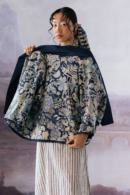 Shop_Yavi_Blue Denim Patch Work Floral Shawl Collar Luna Jacket  _Online_at_Aza_Fashions