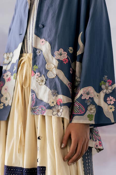 Yavi_Blue Cotton, Silk Embroidery Collared Maeve Jacket _Online_at_Aza_Fashions