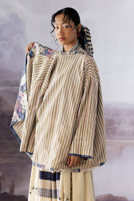Shop_Yavi_Blue Cotton, Silk Embroidery Collared Maeve Jacket _Online_at_Aza_Fashions