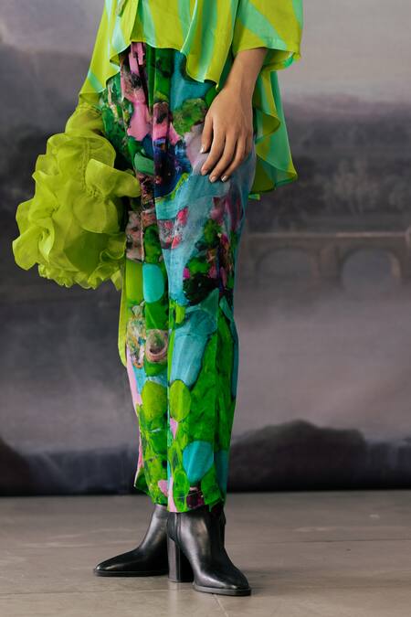 Buy_Yavi_Green Crepe Max Printed Pant _Online_at_Aza_Fashions