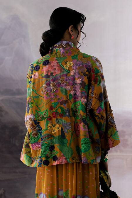 Shop_Yavi_Yellow Handloom Cotton Embroidery Floral Open Neck Naomi Jacket _at_Aza_Fashions