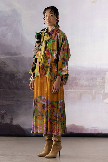 Yavi_Yellow Handloom Cotton Embroidery Floral Open Neck Naomi Jacket _Online_at_Aza_Fashions