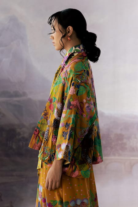 Buy_Yavi_Yellow Handloom Cotton Embroidery Floral Open Neck Naomi Jacket _Online_at_Aza_Fashions