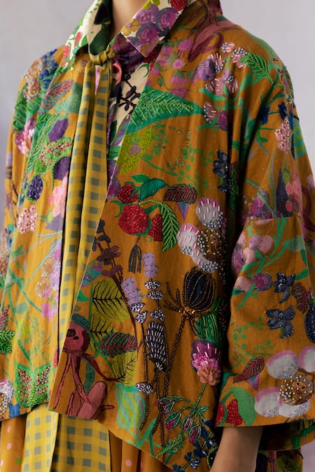 Shop_Yavi_Yellow Handloom Cotton Embroidery Floral Open Neck Naomi Jacket _Online_at_Aza_Fashions
