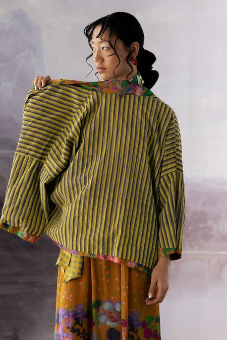 Yavi_Yellow Handloom Cotton Embroidery Floral Open Neck Naomi Jacket _at_Aza_Fashions