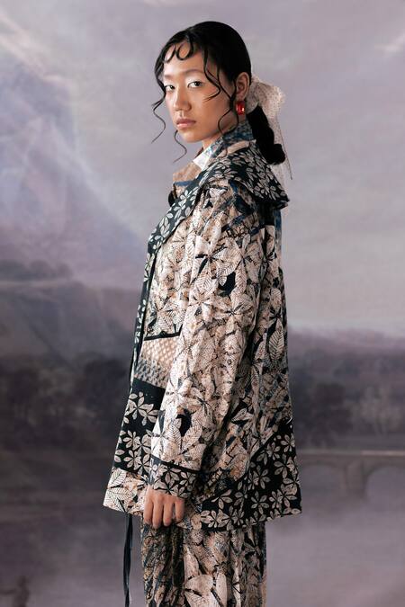 Yavi Ivory Handloom Cotton Collared Sailor Floral Print Jacket Online at Aza Fashions Yavi_Ivory Handloom Cotton Collared Sailor Floral Print Jacket _Online_at_Aza_Fashions