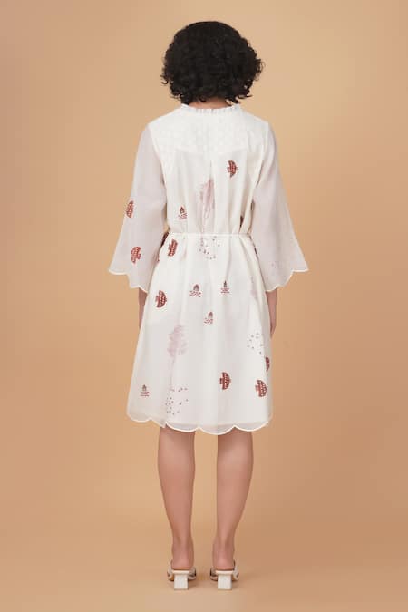 Shop Arcvsh By Pallavi Singh Ivory Chanderi, Cotton Embroidery Round Neck Hakoni Print Dress at Aza Fashions Shop_Arcvsh By Pallavi Singh_Ivory Chanderi, Cotton Embroidery Round Neck Hakoni Print Dress _at_Aza_Fashions