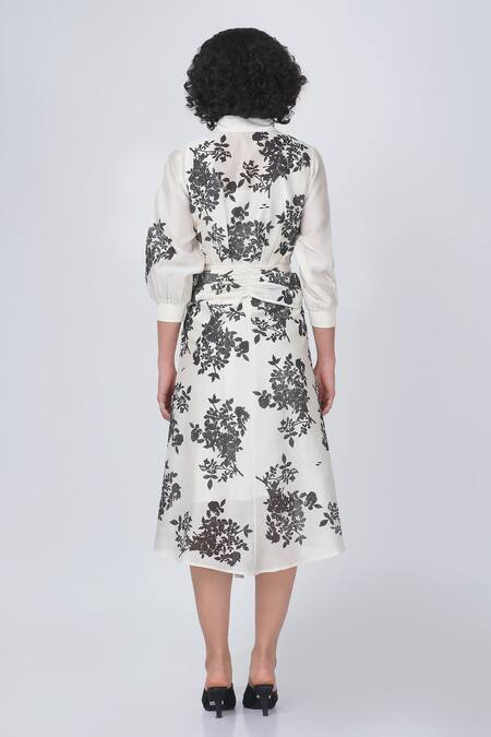 Shop Arcvsh By Pallavi Singh Ivory Silk, Chanderi Shawl Neck Yuri Block Floral Print Tie-up Dress at Aza Fashions Shop_Arcvsh By Pallavi Singh_Ivory Silk, Chanderi Shawl Neck Yuri Block Floral Print Tie-up Dress _at_Aza_Fashions
