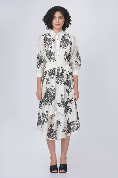 Arcvsh By Pallavi Singh_Ivory Silk, Chanderi Shawl Neck Yuri Block Floral Print Tie-up Dress _Online_at_Aza_Fashions