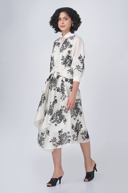 Buy Arcvsh By Pallavi Singh Ivory Silk, Chanderi Shawl Neck Yuri Block Floral Print Tie-up Dress Online at Aza Fashions Buy_Arcvsh By Pallavi Singh_Ivory Silk, Chanderi Shawl Neck Yuri Block Floral Print Tie-up Dress _Online_at_Aza_Fashions