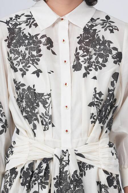 Shop Arcvsh By Pallavi Singh Ivory Silk, Chanderi Shawl Neck Yuri Block Floral Print Tie-up Dress Online at Aza Fashions Shop_Arcvsh By Pallavi Singh_Ivory Silk, Chanderi Shawl Neck Yuri Block Floral Print Tie-up Dress _Online_at_Aza_Fashions