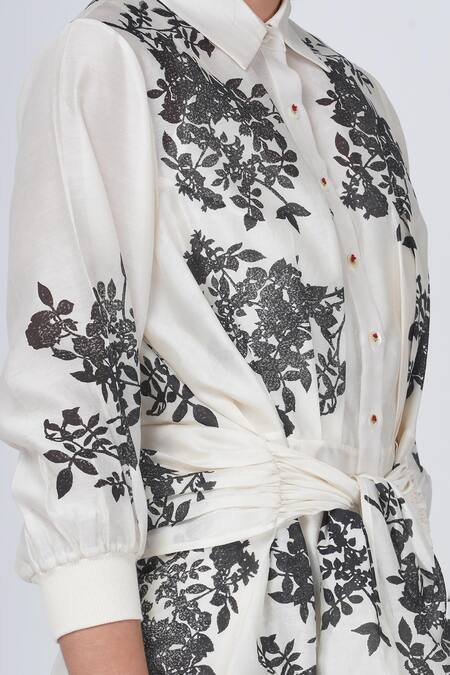 Arcvsh By Pallavi Singh Ivory Silk, Chanderi Shawl Neck Yuri Block Floral Print Tie-up Dress at Aza Fashions Arcvsh By Pallavi Singh_Ivory Silk, Chanderi Shawl Neck Yuri Block Floral Print Tie-up Dress _at_Aza_Fashions