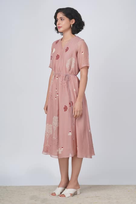 Buy Arcvsh By Pallavi Singh Beige Cotton, Chanderi Embroidery V-neck Hakoni Block Print Dress Online at Aza Fashions Buy_Arcvsh By Pallavi Singh_Beige Cotton, Chanderi Embroidery V-neck Hakoni Block Print Dress _Online_at_Aza_Fashions