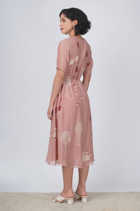 Shop Arcvsh By Pallavi Singh Beige Cotton, Chanderi Embroidery V-neck Hakoni Block Print Dress Online at Aza Fashions Shop_Arcvsh By Pallavi Singh_Beige Cotton, Chanderi Embroidery V-neck Hakoni Block Print Dress _Online_at_Aza_Fashions