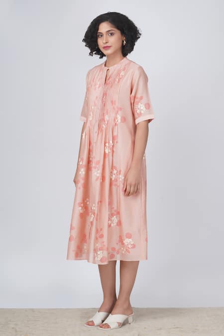 Arcvsh By Pallavi Singh Pink Silk Satin Embroidery Bandeau Neck Sakura Print Pintucked Dress Online at Aza Fashions Arcvsh By Pallavi Singh_Pink Silk Satin Embroidery Bandeau Neck Sakura Print Pintucked Dress _Online_at_Aza_Fashions