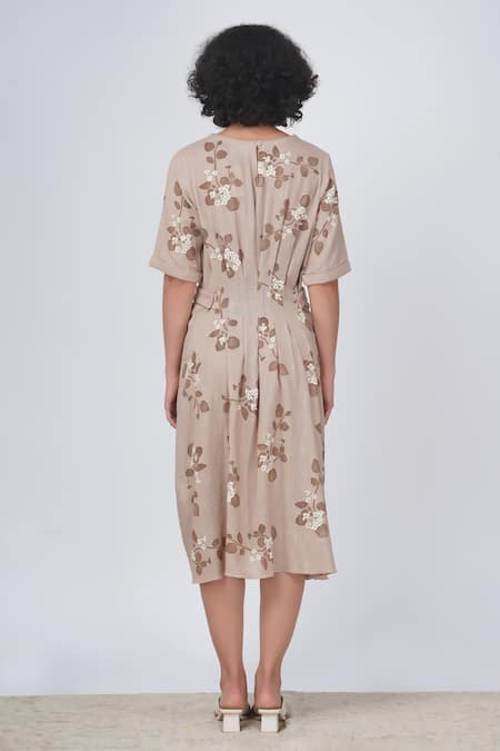 Shop Arcvsh By Pallavi Singh Beige Cotton, Linen Embroidery Round Neck Sakura Floral Print Pleated Dress at Aza Fashions Shop_Arcvsh By Pallavi Singh_Beige Cotton, Linen Embroidery Round Neck Sakura Floral Print Pleated Dress _at_Aza_Fashions