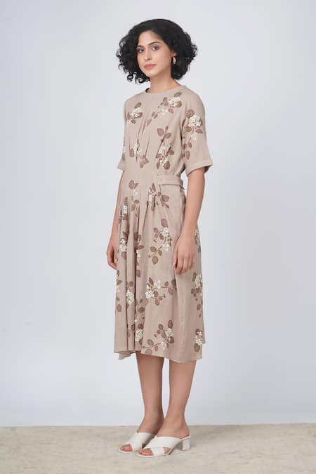 Arcvsh By Pallavi Singh_Beige Cotton, Linen Embroidery Round Neck Sakura Floral Print Pleated Dress _Online_at_Aza_Fashions