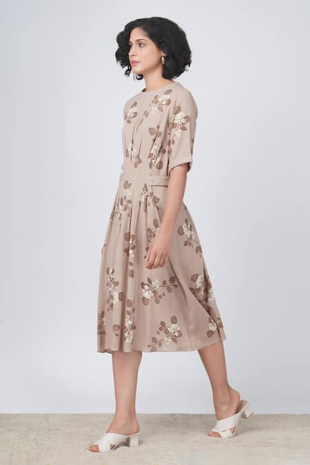 Buy Arcvsh By Pallavi Singh Beige Cotton, Linen Embroidery Round Neck Sakura Floral Print Pleated Dress Online at Aza Fashions Buy_Arcvsh By Pallavi Singh_Beige Cotton, Linen Embroidery Round Neck Sakura Floral Print Pleated Dress _Online_at_Aza_Fashions