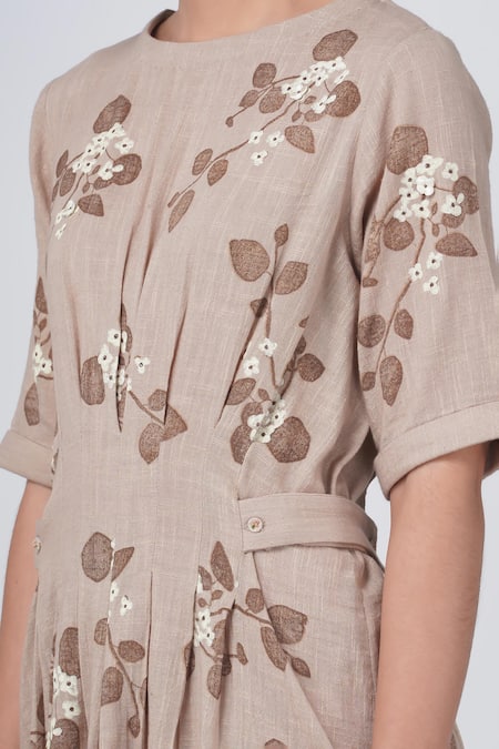 Shop Arcvsh By Pallavi Singh Beige Cotton, Linen Embroidery Round Neck Sakura Floral Print Pleated Dress Online at Aza Fashions Shop_Arcvsh By Pallavi Singh_Beige Cotton, Linen Embroidery Round Neck Sakura Floral Print Pleated Dress _Online_at_Aza_Fashions