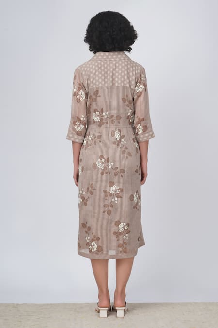 Shop Arcvsh By Pallavi Singh Beige Organza Embroidery Collared Striped Sakura Print Jacket Dress at Aza Fashions Shop_Arcvsh By Pallavi Singh_Beige Organza Embroidery Collared Striped Sakura Print Jacket Dress _at_Aza_Fashions