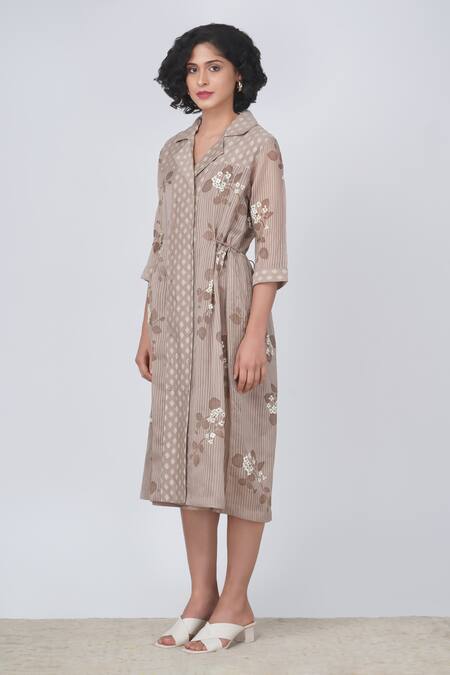 Arcvsh By Pallavi Singh Beige Organza Embroidery Collared Striped Sakura Print Jacket Dress Online at Aza Fashions Arcvsh By Pallavi Singh_Beige Organza Embroidery Collared Striped Sakura Print Jacket Dress _Online_at_Aza_Fashions