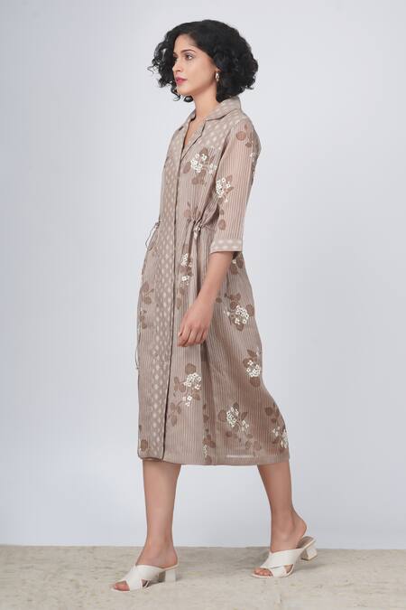 Buy Arcvsh By Pallavi Singh Beige Organza Embroidery Collared Striped Sakura Print Jacket Dress Online at Aza Fashions Buy_Arcvsh By Pallavi Singh_Beige Organza Embroidery Collared Striped Sakura Print Jacket Dress _Online_at_Aza_Fashions