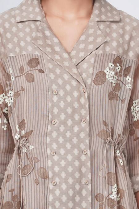 Shop Arcvsh By Pallavi Singh Beige Organza Embroidery Collared Striped Sakura Print Jacket Dress Online at Aza Fashions Shop_Arcvsh By Pallavi Singh_Beige Organza Embroidery Collared Striped Sakura Print Jacket Dress _Online_at_Aza_Fashions