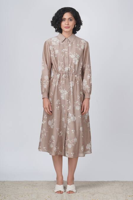 Arcvsh By Pallavi Singh_Beige Silk Satin Shawl Neck Yuri Floral Print Tie-up Shirt Dress _Online_at_Aza_Fashions
