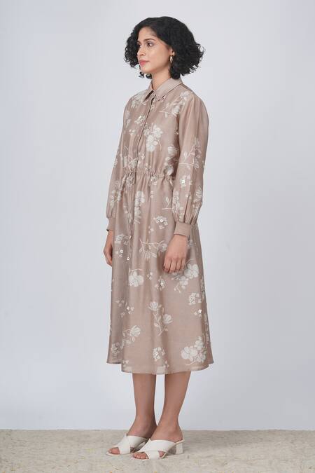 Buy Arcvsh By Pallavi Singh Beige Silk Satin Shawl Neck Yuri Floral Print Tie-up Shirt Dress Online at Aza Fashions Buy_Arcvsh By Pallavi Singh_Beige Silk Satin Shawl Neck Yuri Floral Print Tie-up Shirt Dress _Online_at_Aza_Fashions