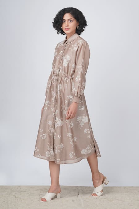 Shop Arcvsh By Pallavi Singh Beige Silk Satin Shawl Neck Yuri Floral Print Tie-up Shirt Dress Online at Aza Fashions Shop_Arcvsh By Pallavi Singh_Beige Silk Satin Shawl Neck Yuri Floral Print Tie-up Shirt Dress _Online_at_Aza_Fashions