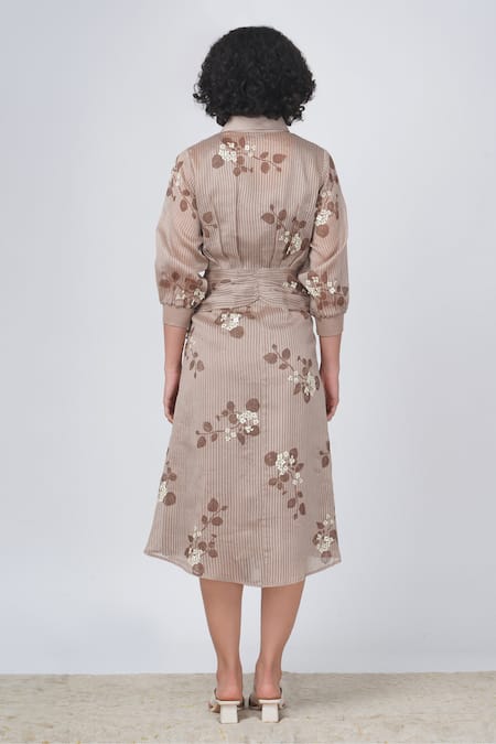 Shop Arcvsh By Pallavi Singh Beige Organza Embroidery Collared Striped Sakura Print Tie-up Dress at Aza Fashions Shop_Arcvsh By Pallavi Singh_Beige Organza Embroidery Collared Striped Sakura Print Tie-up Dress _at_Aza_Fashions