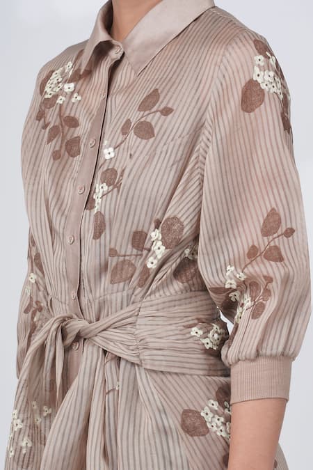 Buy Arcvsh By Pallavi Singh Beige Organza Embroidery Collared Striped Sakura Print Tie-up Dress Online at Aza Fashions Buy_Arcvsh By Pallavi Singh_Beige Organza Embroidery Collared Striped Sakura Print Tie-up Dress _Online_at_Aza_Fashions