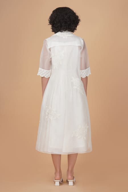 Shop Arcvsh By Pallavi Singh Ivory Organza Embroidery V-, Round Striped Dress And Bara Jacket Set at Aza Fashions Shop_Arcvsh By Pallavi Singh_Ivory Organza Embroidery V-, Round Striped Dress And Bara Jacket Set _at_Aza_Fashions