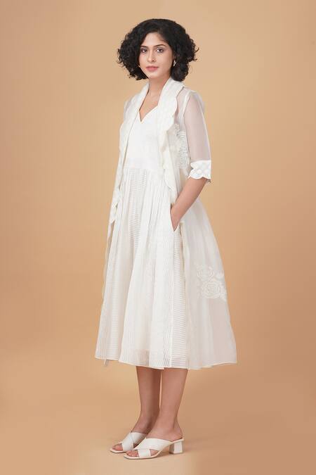 Arcvsh By Pallavi Singh_Ivory Organza Embroidery V-, Round Striped Dress And Bara Jacket Set _Online_at_Aza_Fashions