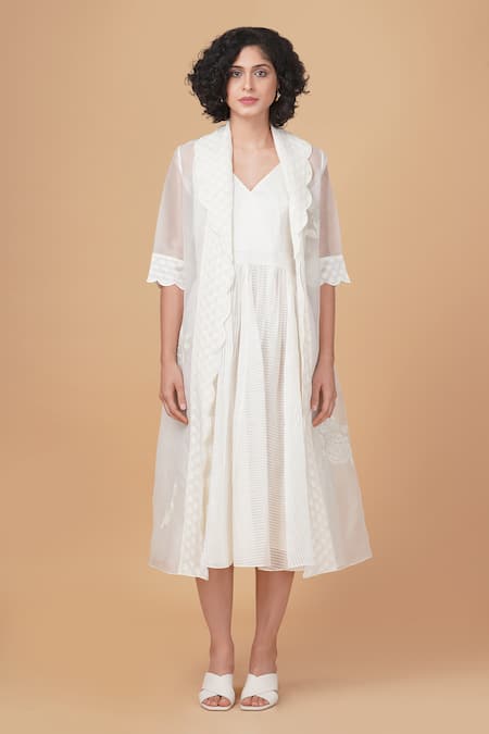 Buy Arcvsh By Pallavi Singh Ivory Organza Embroidery V-, Round Striped Dress And Bara Jacket Set Online at Aza Fashions Buy_Arcvsh By Pallavi Singh_Ivory Organza Embroidery V-, Round Striped Dress And Bara Jacket Set _Online_at_Aza_Fashions