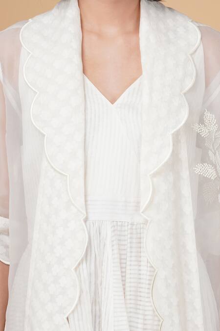 Shop Arcvsh By Pallavi Singh Ivory Organza Embroidery V-, Round Striped Dress And Bara Jacket Set Online at Aza Fashions Shop_Arcvsh By Pallavi Singh_Ivory Organza Embroidery V-, Round Striped Dress And Bara Jacket Set _Online_at_Aza_Fashions
