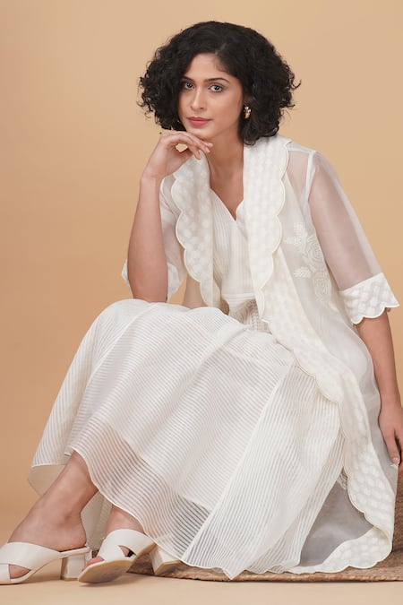 Arcvsh By Pallavi Singh Ivory Organza Embroidery V-, Round Striped Dress And Bara Jacket Set at Aza Fashions Arcvsh By Pallavi Singh_Ivory Organza Embroidery V-, Round Striped Dress And Bara Jacket Set _at_Aza_Fashions