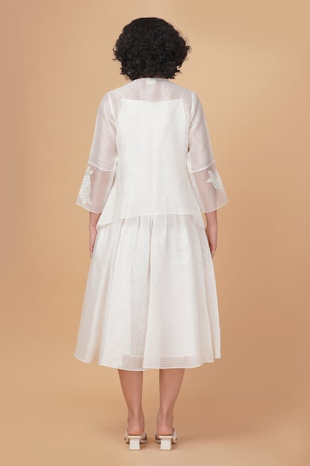 Shop Arcvsh By Pallavi Singh Ivory Organza Embroidery V-, Open Striped Dress And Layered Jacket Set at Aza Fashions Shop_Arcvsh By Pallavi Singh_Ivory Organza Embroidery V-, Open Striped Dress And Layered Jacket Set _at_Aza_Fashions