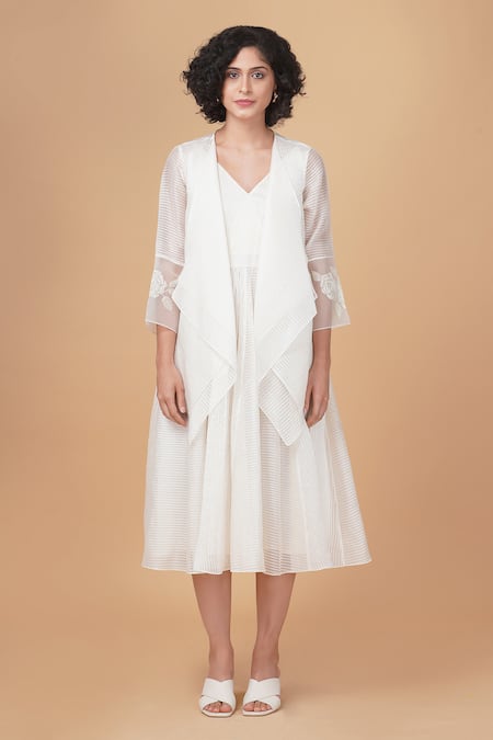 Arcvsh By Pallavi Singh_Ivory Organza Embroidery V-, Open Striped Dress And Layered Jacket Set _Online_at_Aza_Fashions