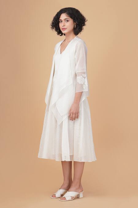 Buy Arcvsh By Pallavi Singh Ivory Organza Embroidery V-, Open Striped Dress And Layered Jacket Set Online at Aza Fashions Buy_Arcvsh By Pallavi Singh_Ivory Organza Embroidery V-, Open Striped Dress And Layered Jacket Set _Online_at_Aza_Fashions