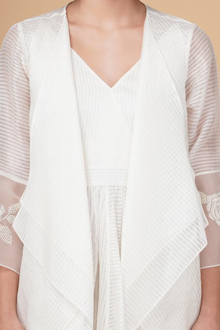 Shop Arcvsh By Pallavi Singh Ivory Organza Embroidery V-, Open Striped Dress And Layered Jacket Set Online at Aza Fashions Shop_Arcvsh By Pallavi Singh_Ivory Organza Embroidery V-, Open Striped Dress And Layered Jacket Set _Online_at_Aza_Fashions