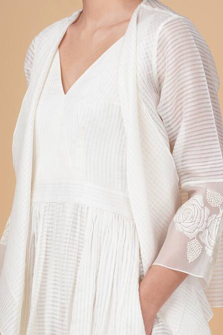 Arcvsh By Pallavi Singh Ivory Organza Embroidery V-, Open Striped Dress And Layered Jacket Set at Aza Fashions Arcvsh By Pallavi Singh_Ivory Organza Embroidery V-, Open Striped Dress And Layered Jacket Set _at_Aza_Fashions