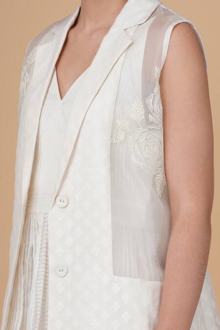 Shop Arcvsh By Pallavi Singh Ivory Organza Embroidery V-neck Striped Dress With Bara Jacket Online at Aza Fashions Shop_Arcvsh By Pallavi Singh_Ivory Organza Embroidery V-neck Striped Dress With Bara Jacket _Online_at_Aza_Fashions