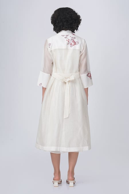 Shop_Arcvsh By Pallavi Singh_Ivory Organza Embroidery V-neck, Open Striped Dress With Sakura Print Jacket _at_Aza_Fashions